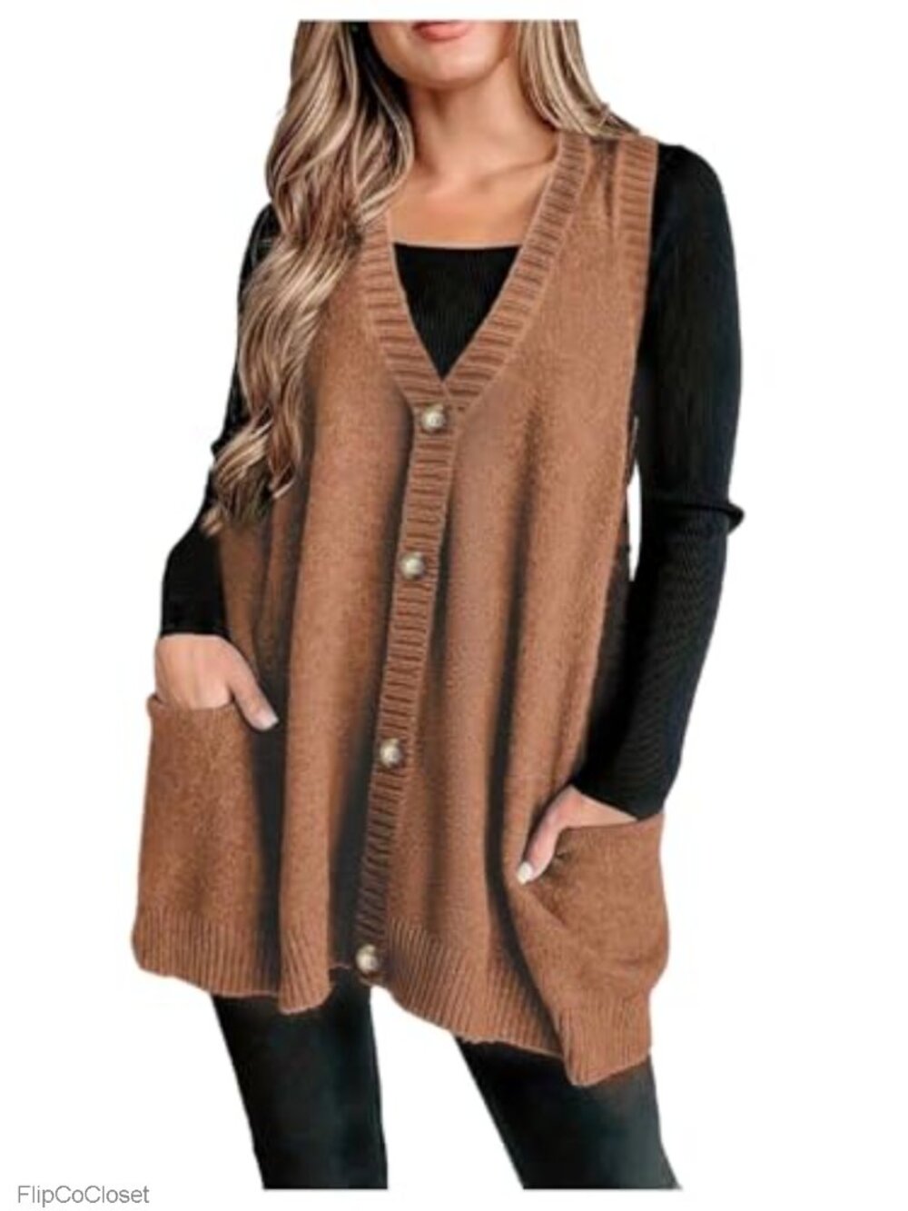 Plus Size Knit Sweater Vest V-Neck Sleeveless Button Down with Pockets